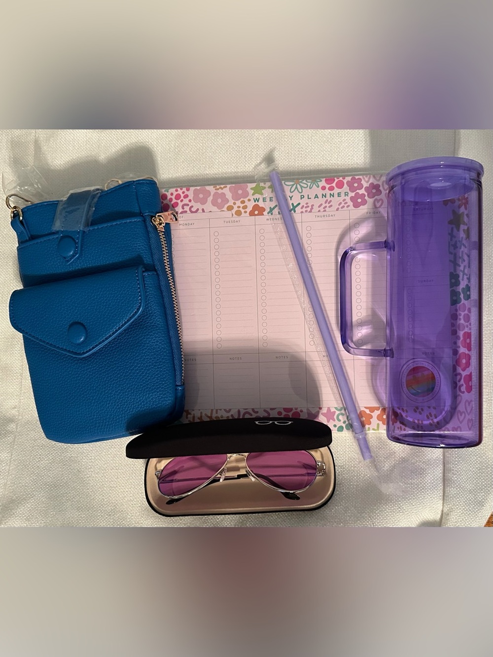 Purple Travel Tumbler & Blue Crossbody Phone Pouch Set